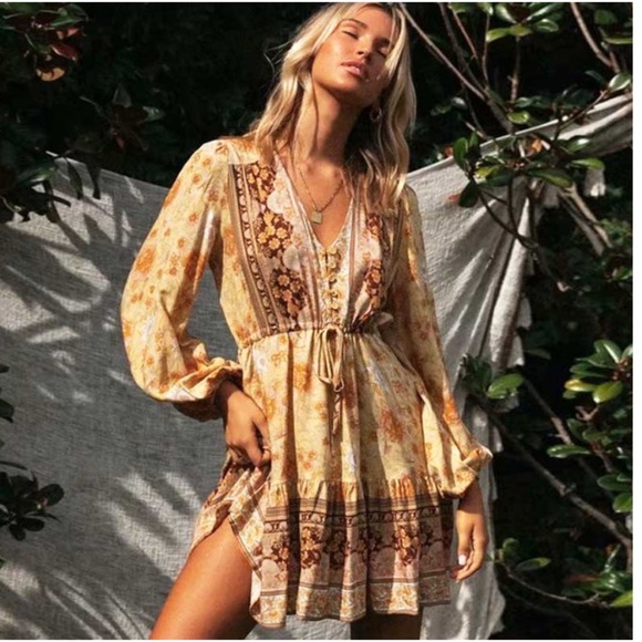 Dresses & Skirts - Boho Gypsy Floral print Tassel Dress Yellow Vneck
